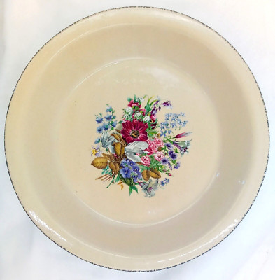 Home & Garden Party Floral Splendor Pie Baking Dish Plate Stoneware Tan Blue USA