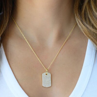 Lab-Created Diamond Dog Tag Pendant Necklace 14K Gold Plated