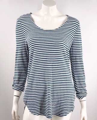 Akemi Kin Anthropologie Tunic Top Small Blue White Striped Split Side Scoop Neck