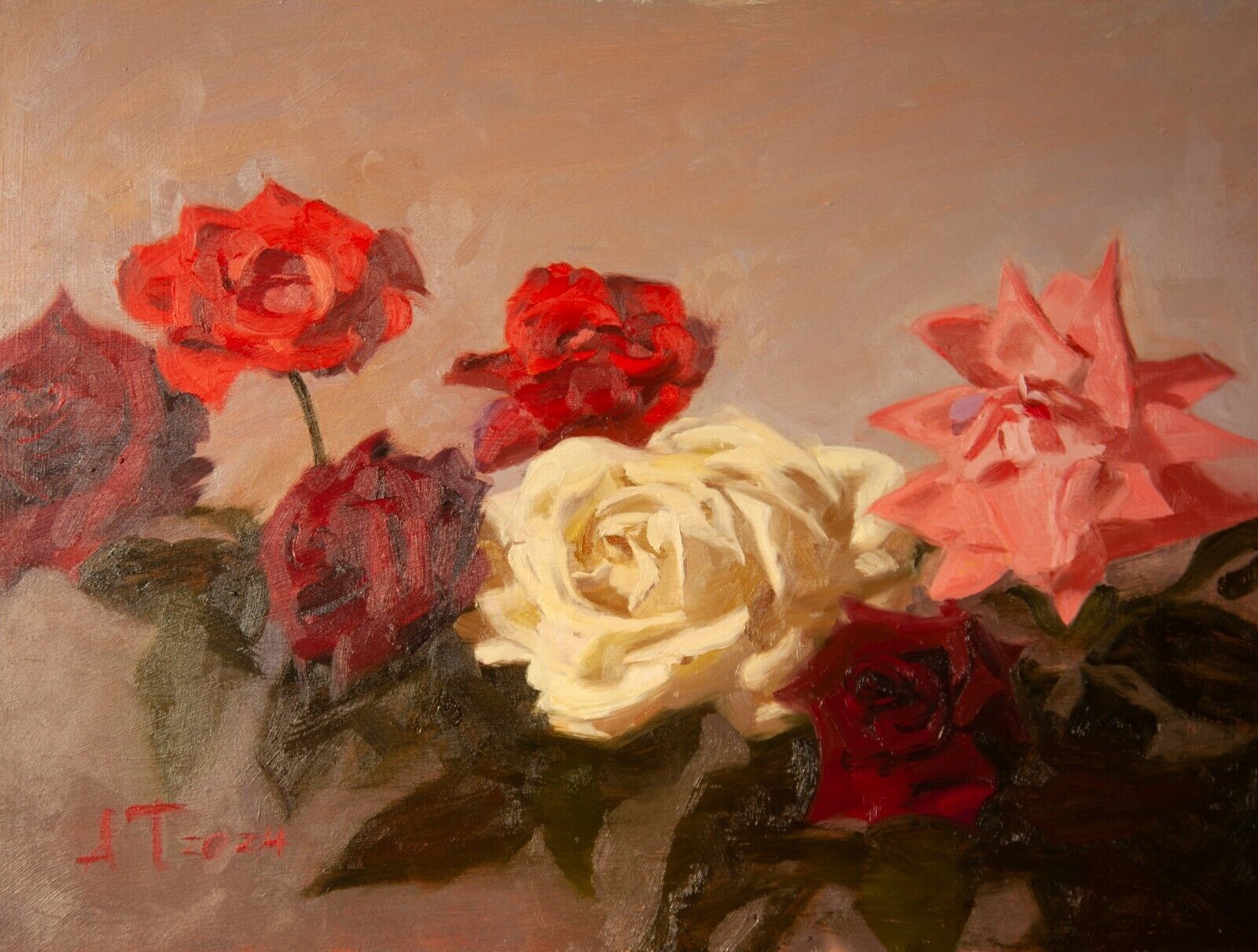 ORIGINAL Ölgemälde: Rosen Stillleben, Bunter Blumenstrauß