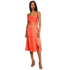 Lulus Sz XL Fiercely Chic Coral Orange Satin Jacquard Print Cowl Midi Dress