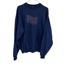 Vintage 90s Navy Blue American Flag Rhinestone Sweatshirt Womens XL Oversize MCC