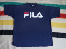 VTG 90s FILA USA Made Faded Navy Blue Spellout Logo Tee T-Shirt Mens 2XL