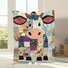 1pc Reversible Cartoon Cow Cozy Flannel Plush Blanket - Modern Style, Comfortab