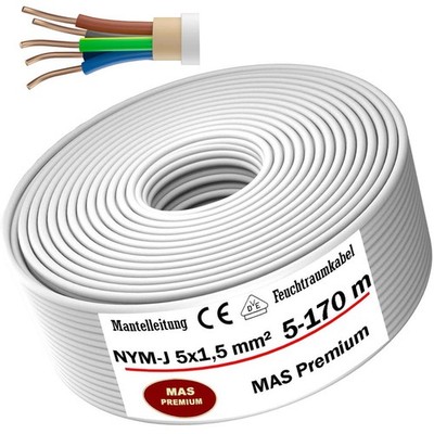 5-170m Feuchtraumkabel Stromkabel Mantelleitung NYM-J 5x1,5 mm² Elektrokabel