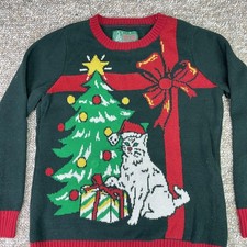 Ugly Christmas Sweater Pullover Womens Small Green Red Cat Tree Gift Crewneck