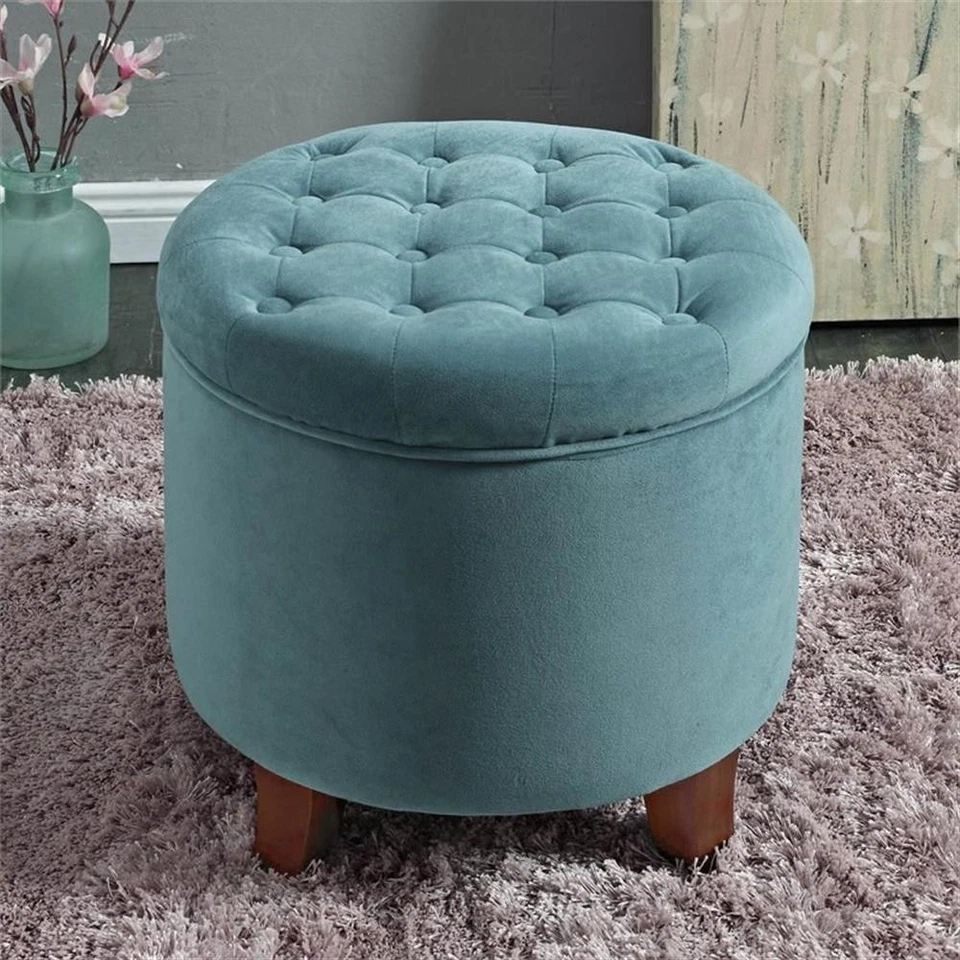 HomePop Round Transitional Wood and Velvet Ottoman with Storage in Blue - Image 2 of 4