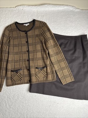 Pendleton Brown/Tan Merino Wool/Leather Cardigan & Skirt Petite L/14