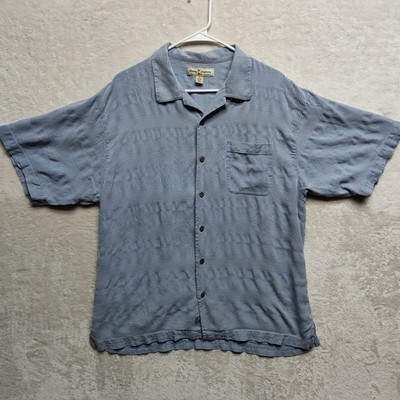 Tommy Bahama Shirt Mens XL Baby Blue 100% Silk Hawaiian Camp Palm Tree Aloha 