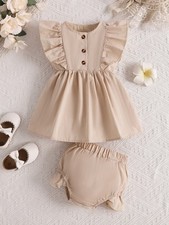 Ruffle Trim Button Front Top and Shorts Set