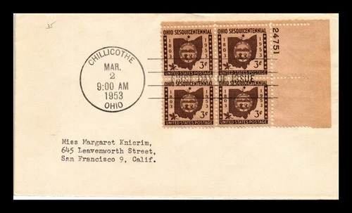 DR JIM STAMPS US COVER OHIO SESQUICENTENNIAL FDC SCOTT 1018 PLATE BLOCK
