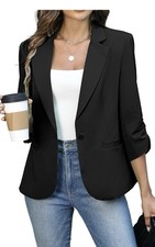 ELLEVEN Women's Ruched 3/4 Sleeve Blazers, Slim Fit Jacket for Business Casual