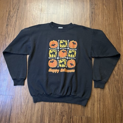 Vintage 90s Tultex Halloween Sweater XL Pumpkin Black Cat Bat Graphic Pullover