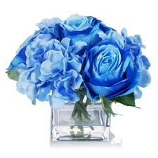 ENOVA FLORAL Small Blue Silk Fake Flowers with Vase, Mixed Rose and Hydrangea Ar