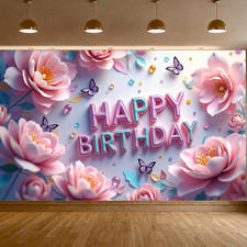 Flower Birthday Banner Decorations Butterfly Large Happy Birthday Backdrop Pink