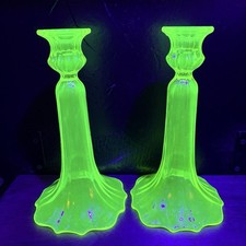 Antique Tiffin Uranium Glass Candlesticks Vaseline Elegant Pair 9in