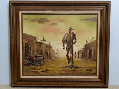 #ad R Simpson Oil Painting on Canvas Cowboy In Pueblo Village: 28x32 Framed amp; Signed $200.00