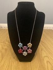 Silver tone chain necklace with multicolour rose flower cluster pendant