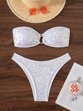 Lady Sexy Bikini Set Bandeau Bra Glitter Sequins Bathing Swimsuit Swimwear Beach