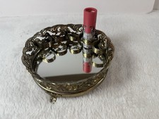 Vintage Gold Metal Lipstick Vanity Holder Round  Mirrored  5.5" Regency Gilded 