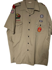 Boy Scouts of America Mens Beige Short Sleeve Logo Patches Uniform Shirt Size XL