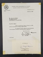 J. Edgar Hoover Hand Signed Card With Letter From June 22, 1962