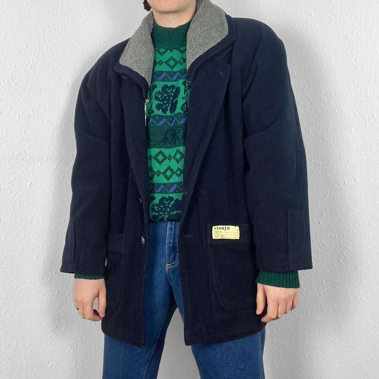 Vintage 90s Boho Wool Knit Overcoat with Sherpa Fleece Lining