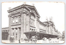 Vtg Postcard Paris Gare du Nord France Train Railroad Station Horse Carriages