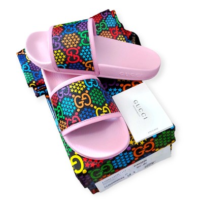 NIB Gucci Psychadelic RARE Pink Colorful Monogram Casual Slides 7 USA COA Box
