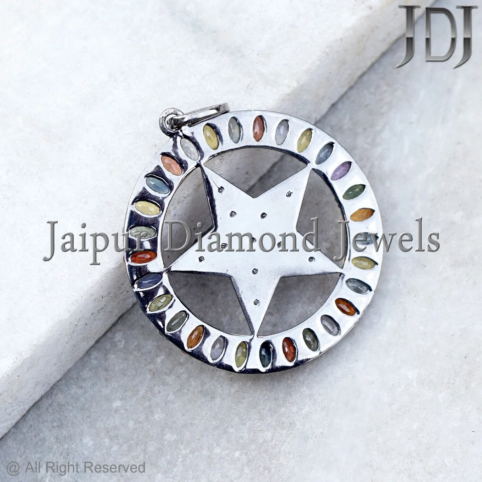 Edelstein Multi-Saphir Stern Anhänger 925 Silber Pavé Diamant Religiöser Schmuck - Bild 4 von 4