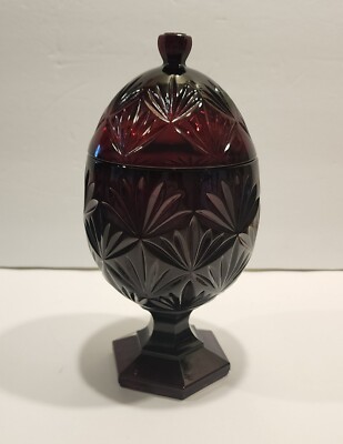 Vintage LUMINARC DURAND Ruby Red Glass Pedestal Egg Shaped Covered Candy Dish