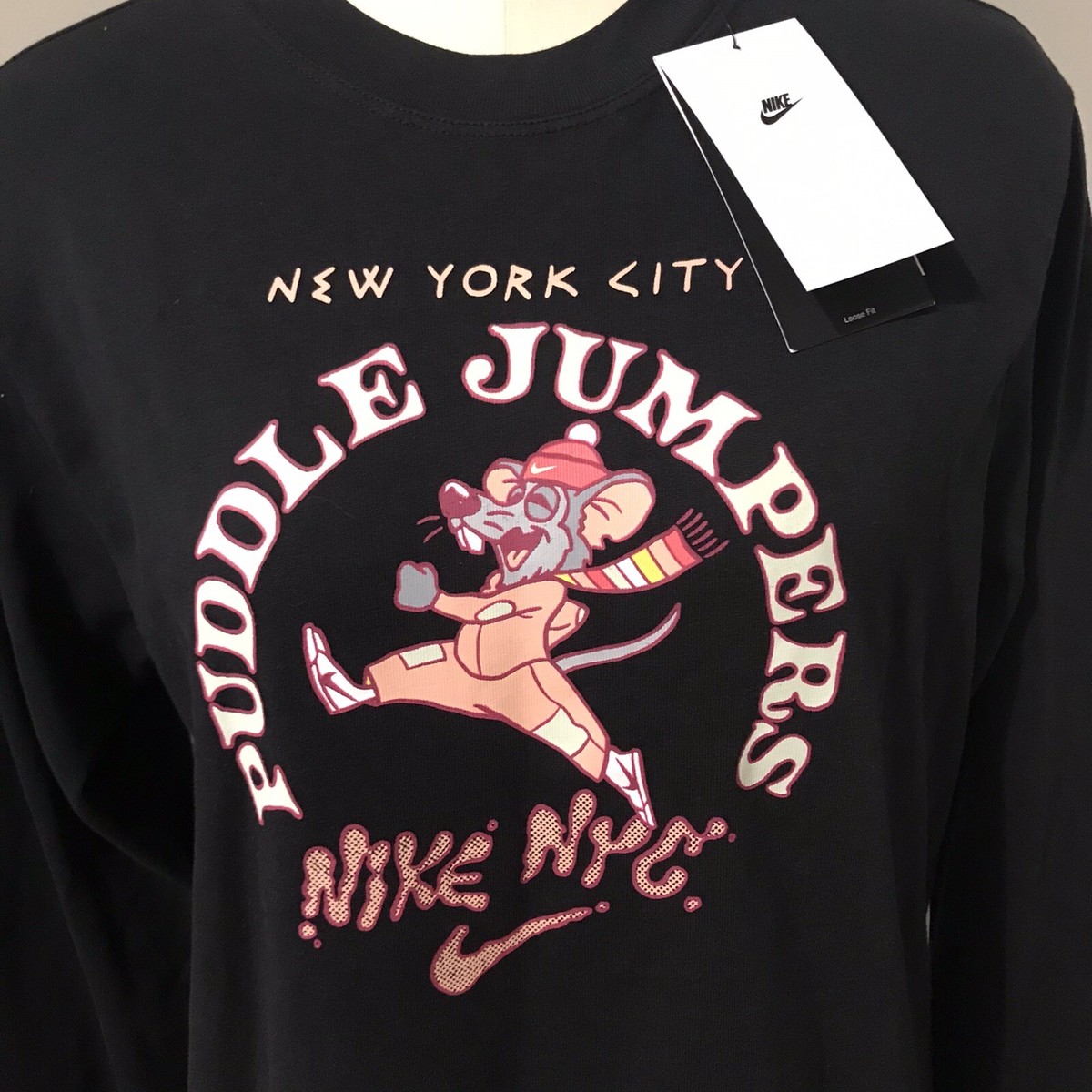 Nike NYC Puddle Jumpers Long Sleeve T Shirt NWT Rat Black Loose