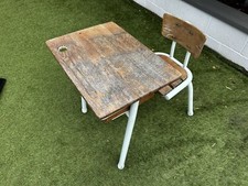 Vintage old school french wood & metal tube kid children quality desk with chair