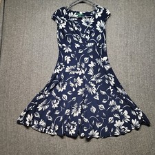 Lauren Ralph Lauren Womens Sz 8 Navy Blue Floral V-Neck Flowy Knee Length Dress 