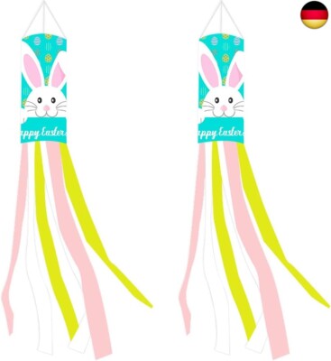 Geluode Osterhasen-Windsack-Flagge, 2 Stück Happy Easter Ei Kaninchen Grün O