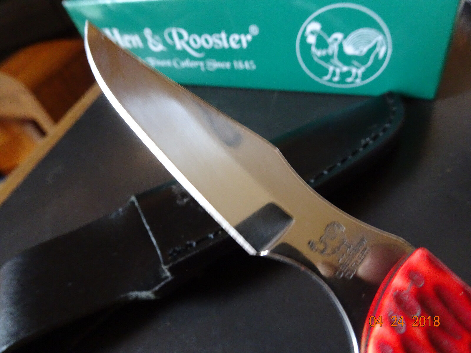 HEN & ROOSTER 6 1/2" CAPING KNIFE RED PICK BONE HANDLE 1095 GERMAN STAINLESS 