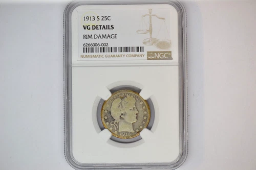 1913-S Barber Quarter- NGC VG Details. Rim Damage.  Nice rare date!