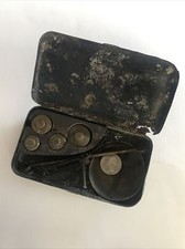 Early Antique Primitive Gold or Coin Scale Travel Balance Metal Box with weights