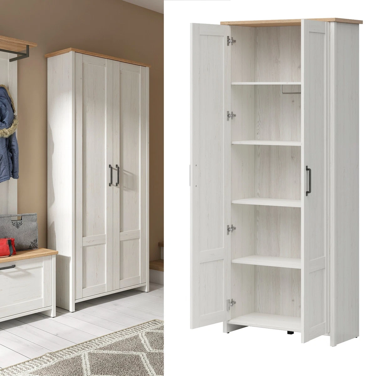 Slim Wardrobe Cabinet Hallway Coat Storage Hall Unit White Pine Oak Effect Loksa