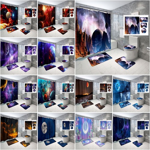 Magic Planet Moon Bathroom Shower Curtain Non-Slip Rug Bath Mat Toilet Lid Cover - Picture 1 of 40