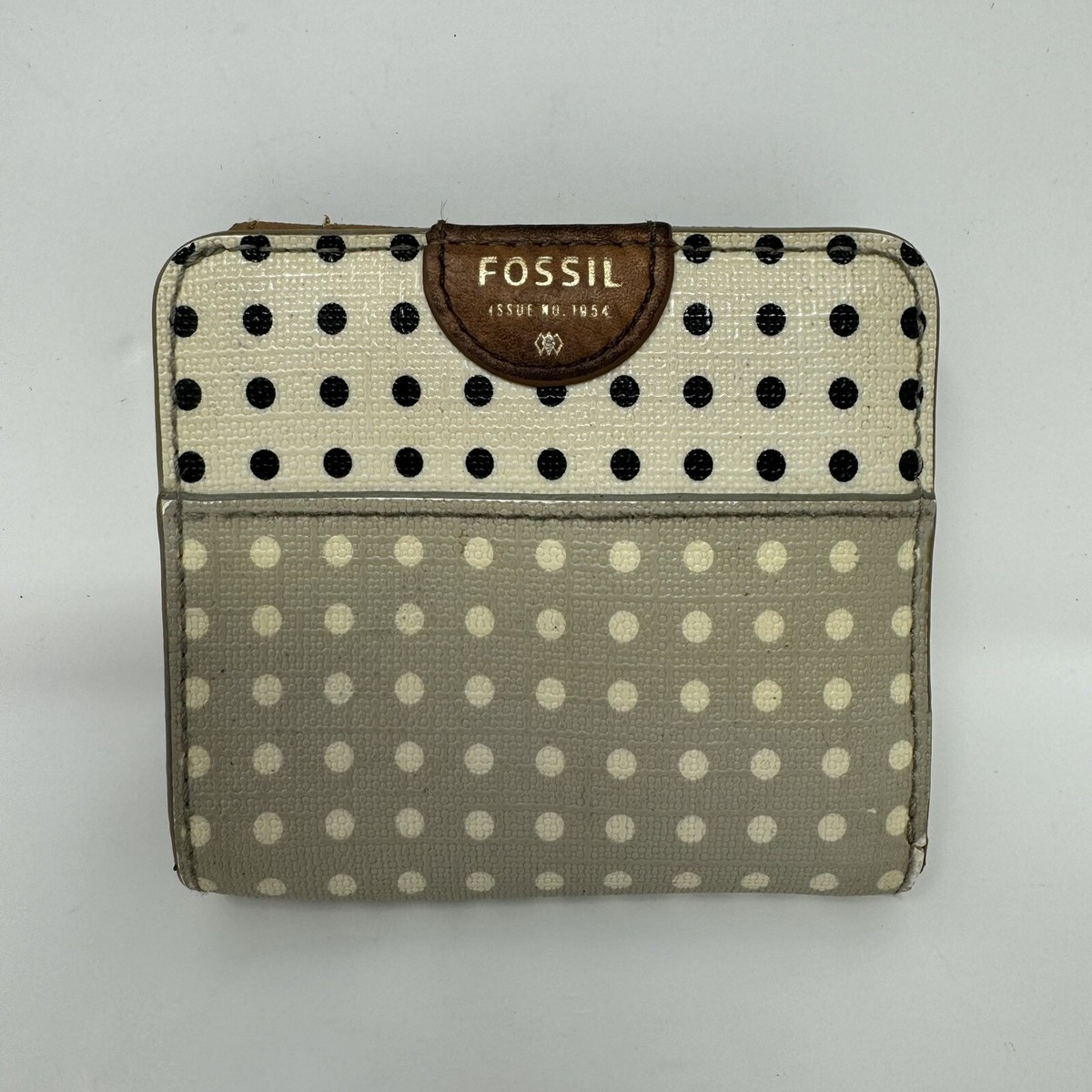 Fossil Two Tone Polka Dot Gray Cream Brown Leather Snap Id Holder Wallet