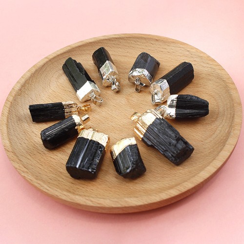 1PC Natural Black Tourmaline Pendant Raw Crystal Silver Gold Trim For Necklace - Picture 5 of 10