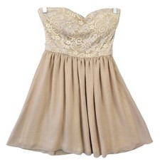 A'GACI Dress Tan Mini Formal Preppy Lace Strapless Lined USA Made Women Size M