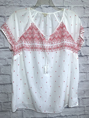 Sonoma Life+Style White And Red Short Sleeve V-Neck Blouse With Tassels Size 1X.