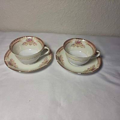 Noritake Teacup and Saucer Set of 2 Cream Burgundy Floral Gold Made in Japan #5