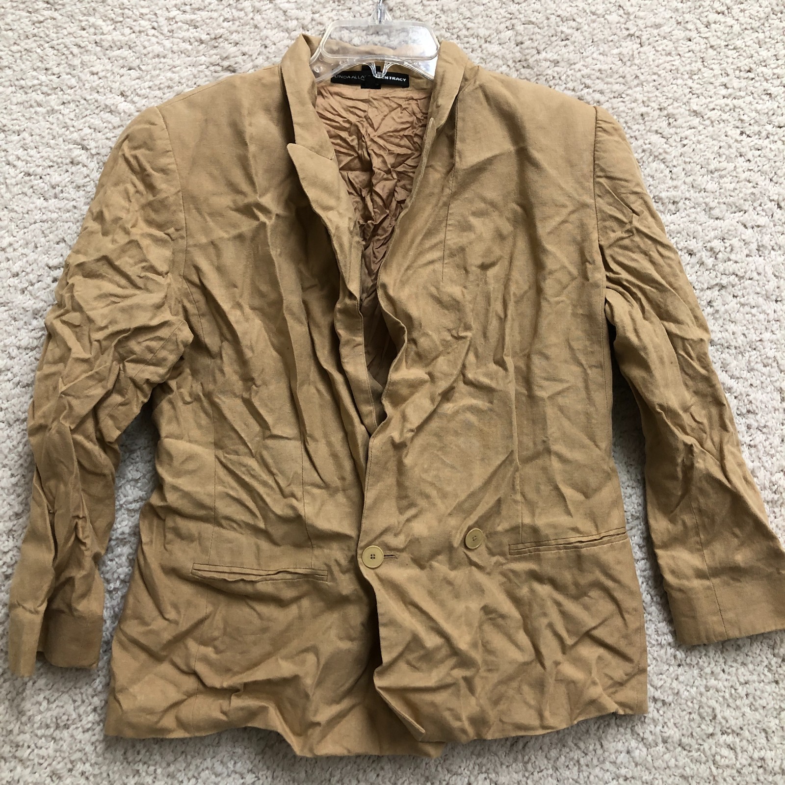 Linda Allard Ellen Tracy Blazer 14 Petite Brown Double Breasted Peak Linen Women