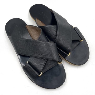 MARNI Fussbett Black Leather Crossover Slide Sandals Flat Slip On Sz 38 / 8 US