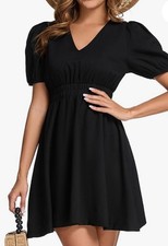 Ovokcina Women’s V Neck Mini Dress Flowy High Waist Elastic Black NWT Small