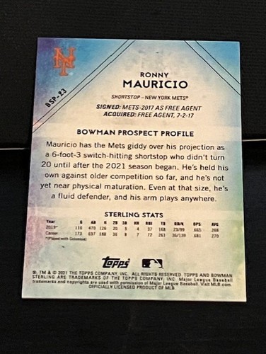 RONNY MAURICIO prospect rc 2021 Bowman Sterling MAGENTA #d /75 Mets - Picture 2 of 2