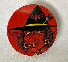 4" dia Vintage Halloween WITCH Tin Litho Ratchet NOISEMAKER Metal made in USA